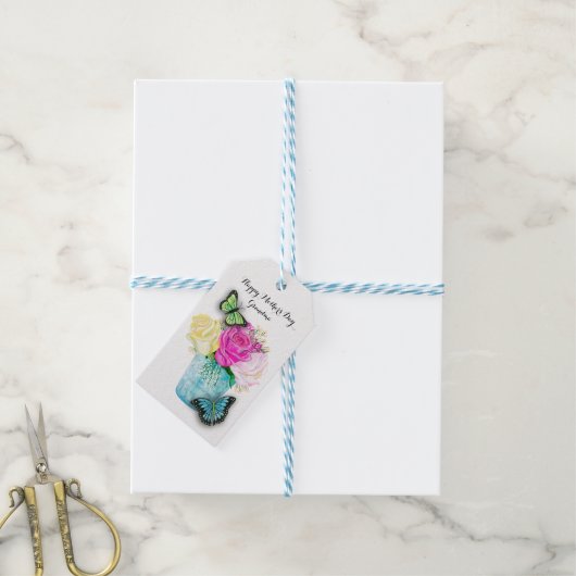 Moederdag Lente Rozen in Vaas met Vlinders Cadeaulabel (Met Touw)