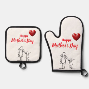 Moederdag Lijnkunst Kussen – Moeder & Kind Liefde Ovenwant & Pannenlap Set