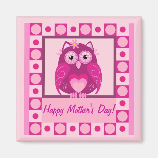 Moederdag magneet met Roze cartoon Uil & texr (Voorkant)