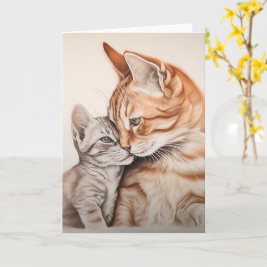 Moederdag Mama Cat en Kitten Kaart (Gele Bloem)