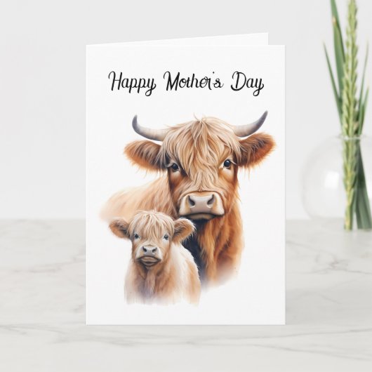 Moederdag Mama Highland Koe en Calf Kaart (Voorkant)