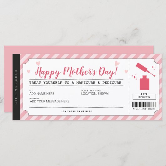 Moederdag Mani Pedi Gift Voucher-certificaat (Voorkant / Achterkant)
