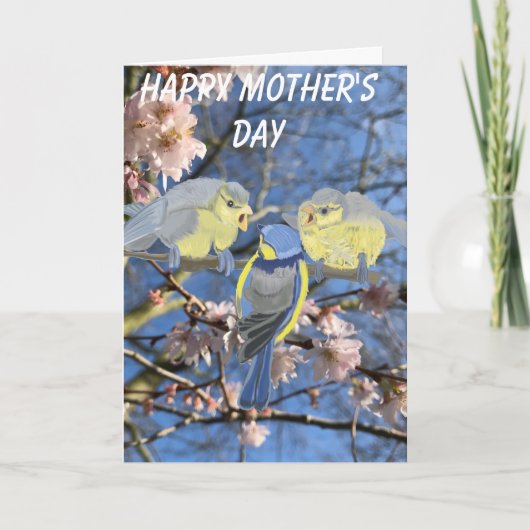 Moederdag met blauw-tit moeder en baby's feestdagen kaart (Voorkant)