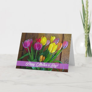 Moederdag met Kleurrijke Tulpen en Houten Kast Kaart