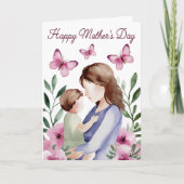 Moederdag met waterverf roze bloemen vlinder kaart (Voorkant)