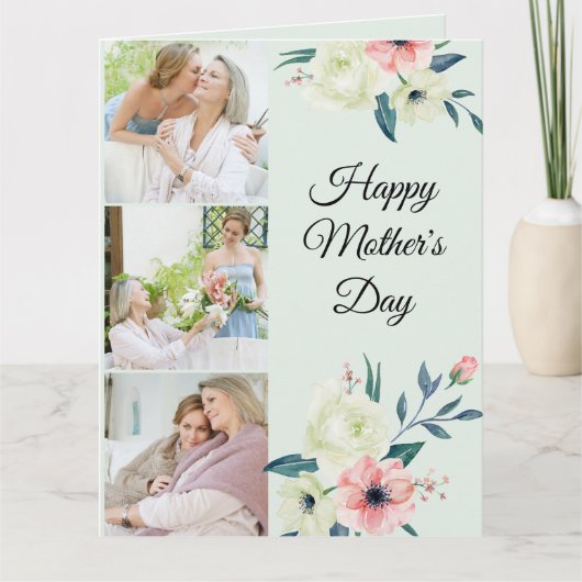 Moederdag Mint en Roze Feminine Floral 3 Foto Kaart (Voorkant)
