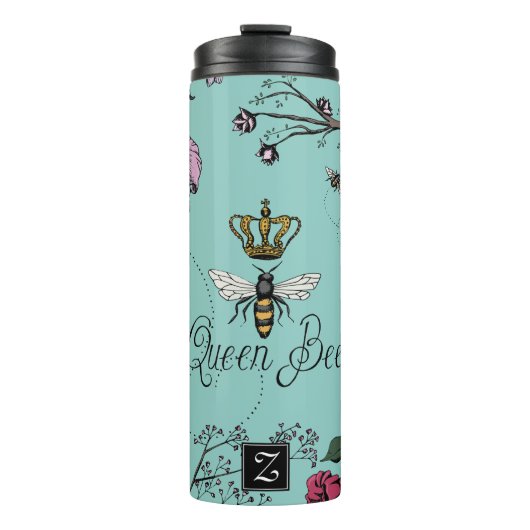 Moederdag Monogram Koningin Bij Gouden Kroon Bloem Thermosbeker (Voorkant)