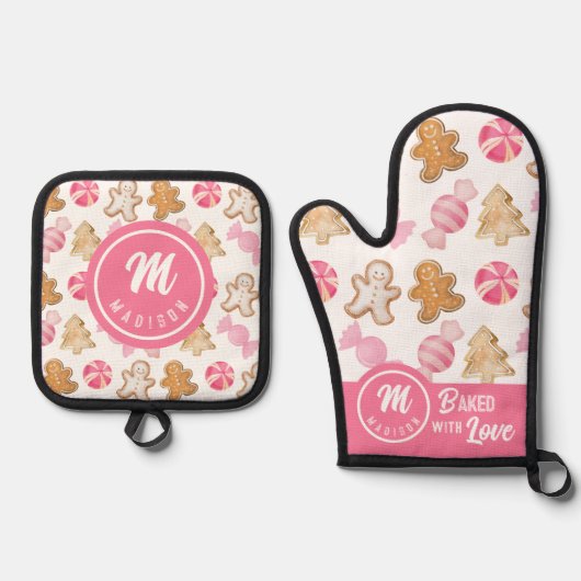 Moederdag Monogram-Roze Sugarplum & Gingerbread Ovenwant & Pannenlap Set (Voorkant)