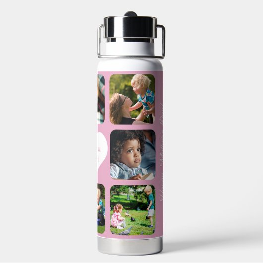 Moederdag Multi Photo Collage Naam Gepersonaliseer Waterfles (Achterkant)