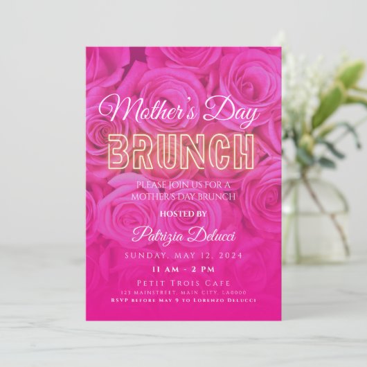 Moederdag Neon Roze Rose Invitation Kaart (Staand voorkant)