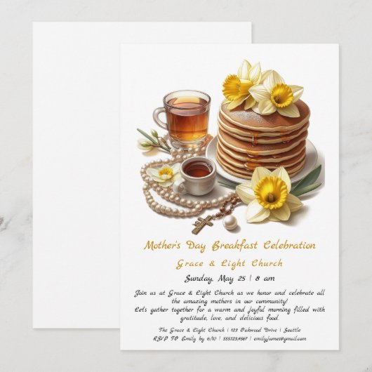 Moederdag ontbijt, narcissen en pannenkoeken kaart (Voorkant / Achterkant)