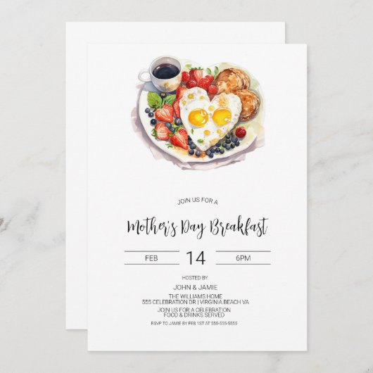 Moederdag Ontbijt Uitnodiging, Brunch Uitnodigen Kaart (Voorkant / Achterkant)