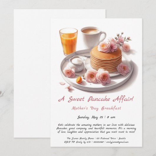 Moederdag Ontbijt Uitnodiging - Pannenkoeken Rozen (Voorkant / Achterkant)