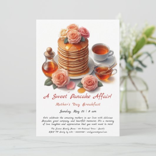 Moederdag Ontbijt Uitnodiging - Pannenkoeken Rozen (Staand voorkant)