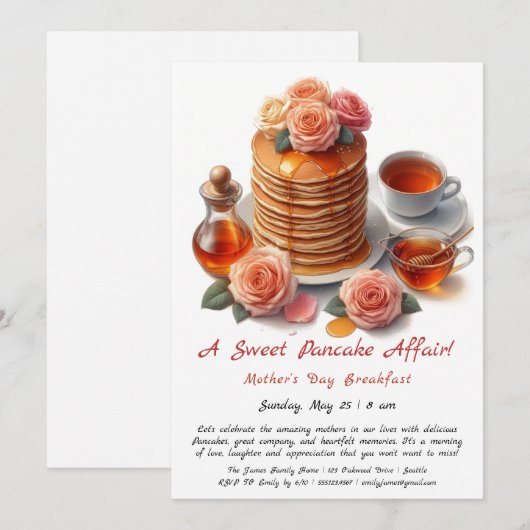 Moederdag Ontbijt Uitnodiging - Pannenkoeken Rozen (Voorkant / Achterkant)
