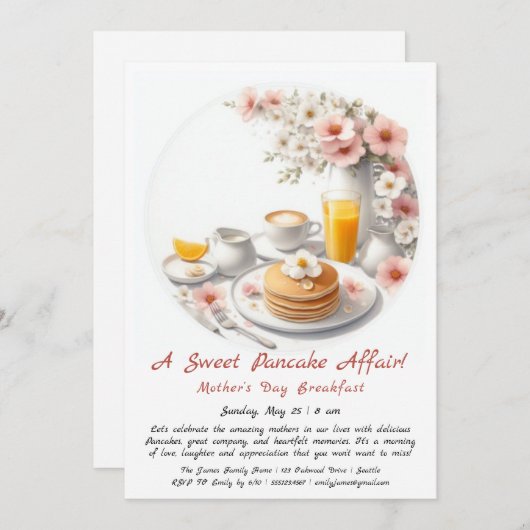 Moederdag Ontbijt Uitnodiging - Pannenkoeken Rozen (Voorkant / Achterkant)