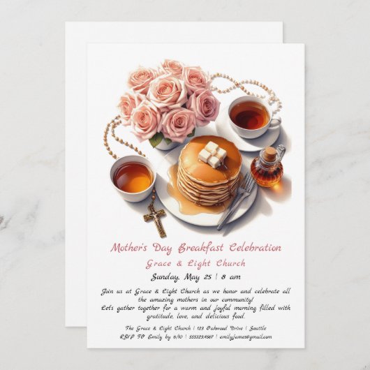 Moederdag Ontbijt Uitnodiging - Pannenkoeken Rozen (Voorkant / Achterkant)