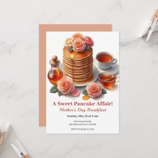 Moederdag Ontbijt Uitnodiging – Pannenkoeken Rozen (Voorkant / Achterkant in situ)
