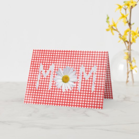 Moederdag op rode en witte gingham kaart (Gele Bloem)
