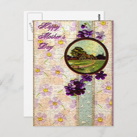 Moederdag - Paars bloemen, zon en landschap Briefkaart (Voorkant / Achterkant)