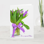 Moederdag paarse tulp bouquet wit kaart (Voorkant)