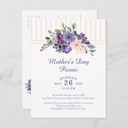 Moederdag Picknick Bloemen Waterverf Paarse Uitnodiging Briefkaart (Voorkant / Achterkant)