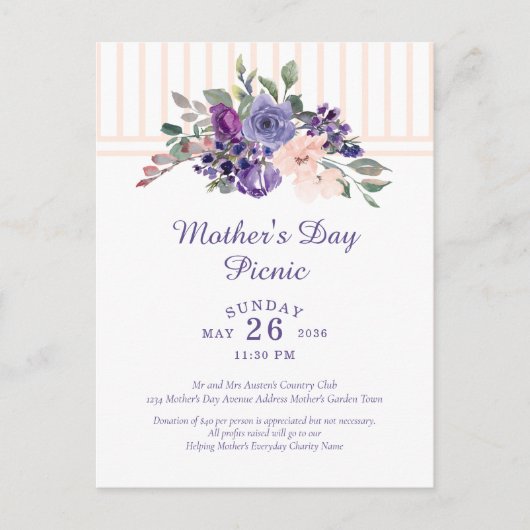 Moederdag Picknick Bloemen Waterverf Paarse Uitnodiging Briefkaart (Voorkant)