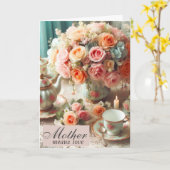 Moederdag Pink Rose Teacup Kaart (Gele Bloem)