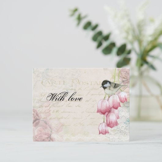 Moederdag  postroze tulpvogels briefkaart (Staand voorkant)