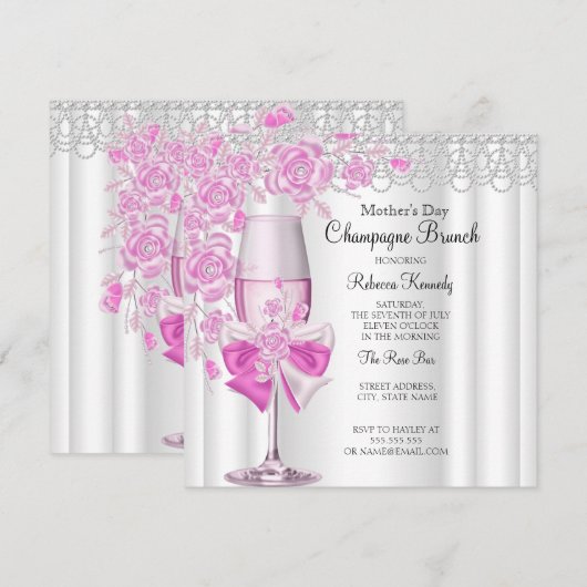 Moederdag Pretty Pink Roos Champagne Brunch 2a Kaart (Voorkant / Achterkant)