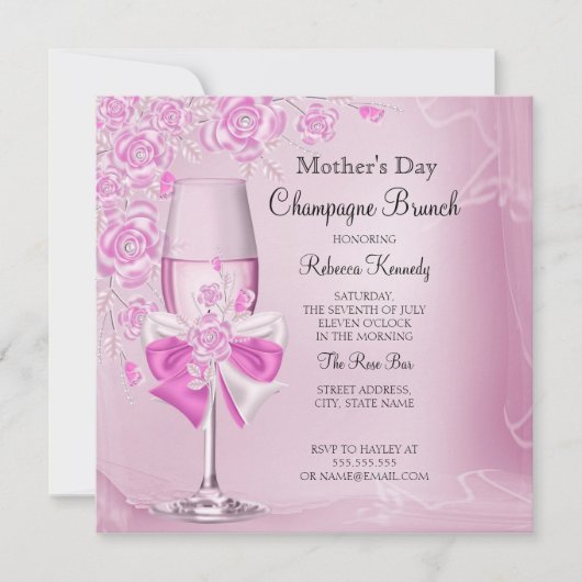 Moederdag Pretty Roze Roos Champagne Brunch Kaart (Voorkant)