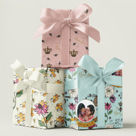 Moederdag Queen Bee, Honingraat en Bloemen Foto Inpakpapier Vel