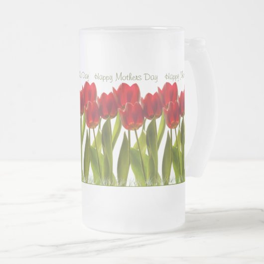 moederdag - Rij van Bright Red Spring Tulips Matglas Bierpul (Voorkant rechts)