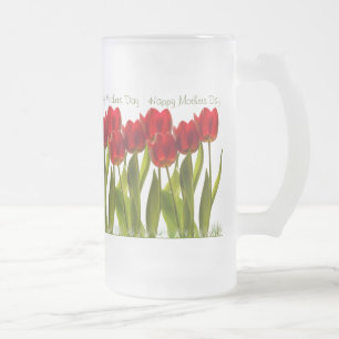 moederdag - Rij van Bright Red Spring Tulips Matglas Bierpul
