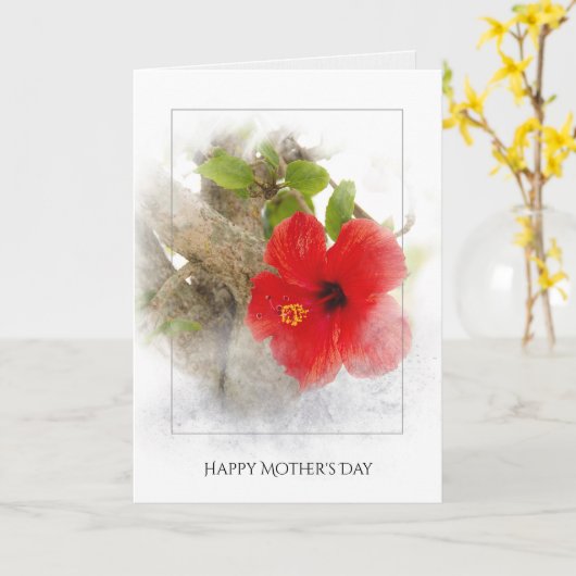 Moederdag rode hibiscus-bloem in zilverbeeld kaart (Gele Bloem)