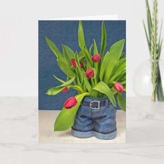 Moederdag-rode tulpen in blauwe jean pot kaart (Voorkant)
