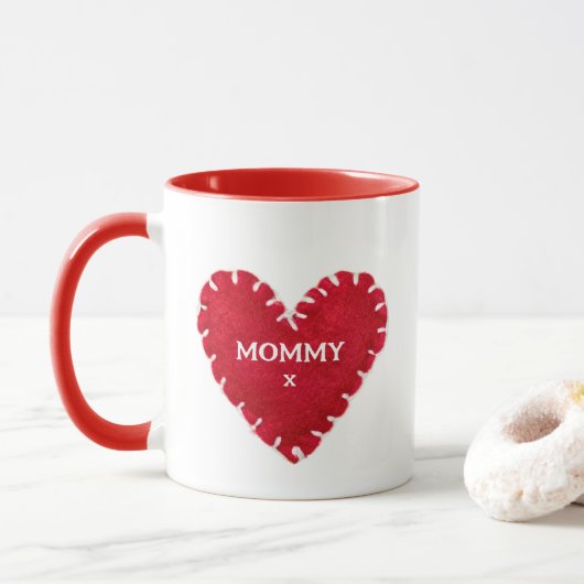 Moederdag rood vilt hart rood behandeld mok (Met donut)