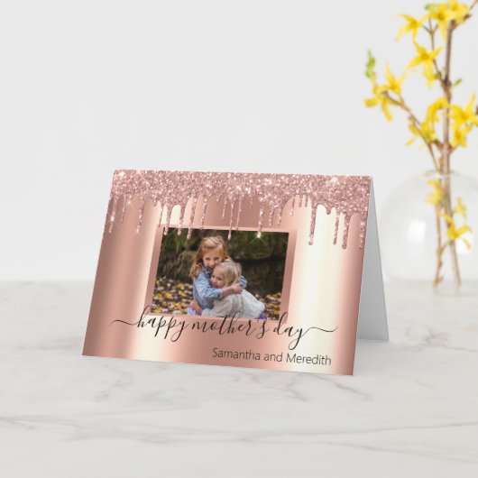Moederdag Roos Gold Metal Glitter Foto Kaart (Gele Bloem)