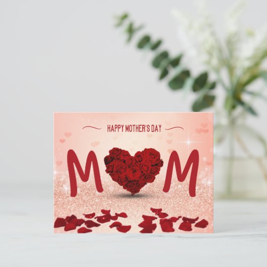 Moederdag Roos Hart Boeket - Briefkaart (Staand voorkant)