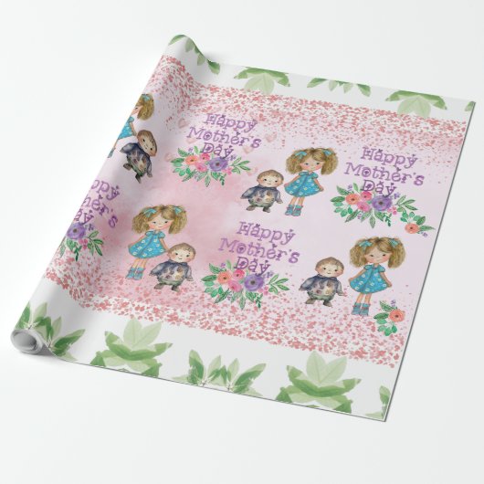 Moederdag roze bloemeninpakpapier cadeaupapier (Uitgerold)
