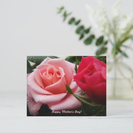 Moederdag Roze en rode roze Briefkaart (Staand voorkant)