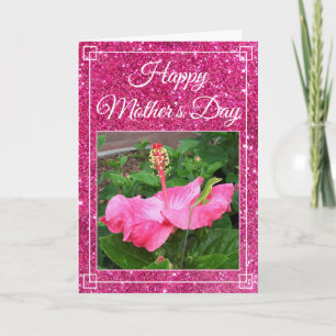 Moederdag Roze Glitter Hibiscus Flower Foto Kaart