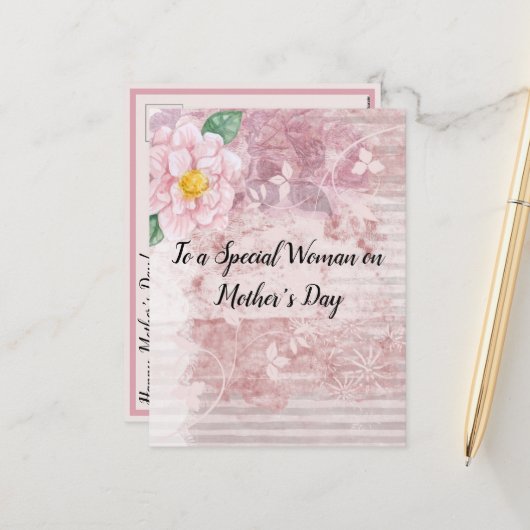 Moederdag roze groene bloemen feestdagenkaart (Voorkant / Achterkant in situ)