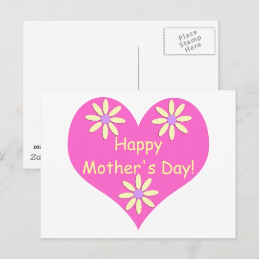 Moederdag Roze Hart en Gele Bloemen Briefkaart (Voorkant / Achterkant)