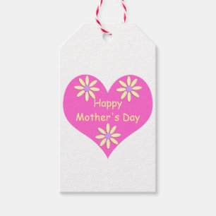 Moederdag roze hart en gele bloemen cadeaulabel