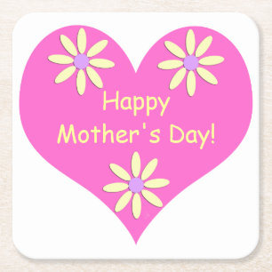 Moederdag roze hart en gele bloemen kartonnen onderzetters