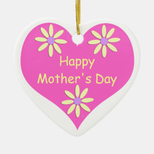 Moederdag Roze Hart en Gele Bloemen Keramisch Ornament