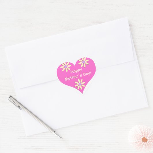 Moederdag Roze Hart en Gele Bloemen Sticker (Envelop)