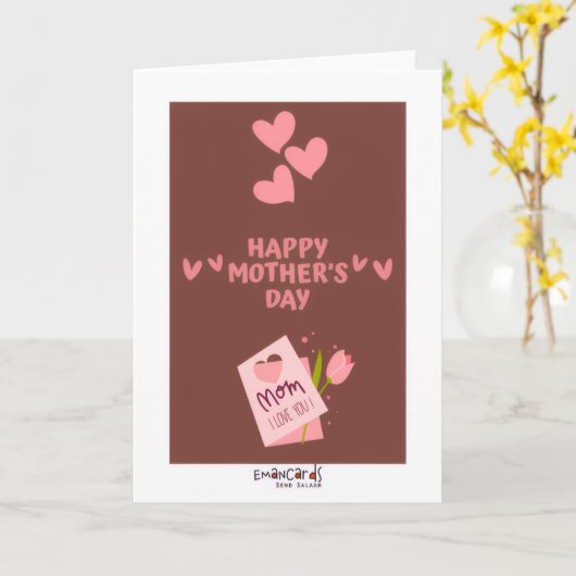 Moederdag - Roze Harten Kaart (Gele Bloem)