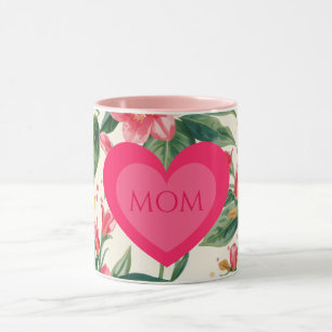 Moederdag, Roze Liefdeshart en Bloemen Patroon Mok